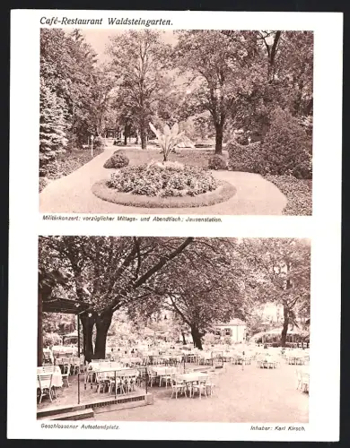 Klapp-AK Wien, Prater, Cafe Restaurant Waldsteingarten, Inh. Karl Kirsch, Militärkonzert, Karte der Umgebung