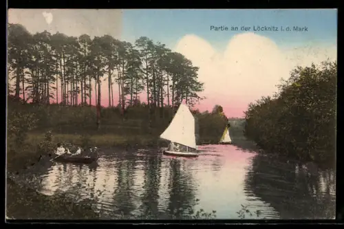 AK Erkner, Partie an der Löcknitz, Segelboot auf der Löcknitz