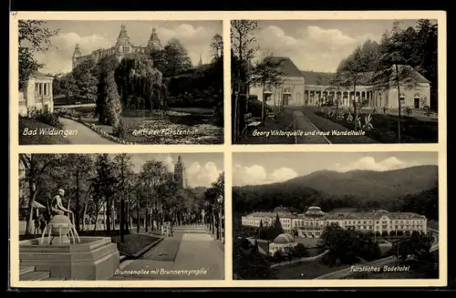AK Bad Wildungen, Hotel Fürstenhof, Georg Viktorquelle und neue Wandelhalle, Brunnenallee, Fürstliches Badehotel
