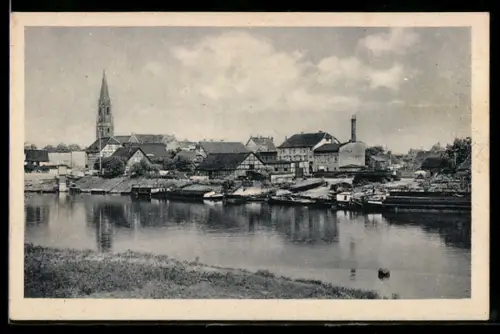 AK Wittenberge, Blick auf den Ort mit Hafen