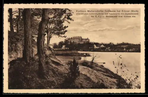 AK Woltersdorf bei Erkner, Kurhaus Woltersdorfer Schleuse, Christliches Erholungsheim, Ansicht vom Kalksee aus