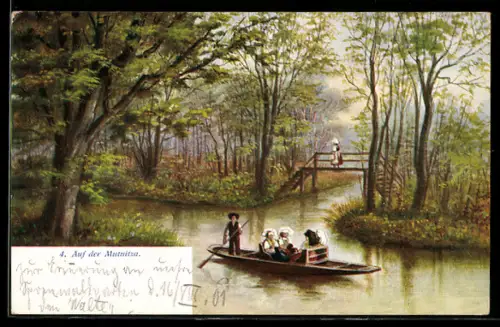 Künstler-AK Lübbenau /Spreewald, Auf der Mutnitza, Kahnfahrt