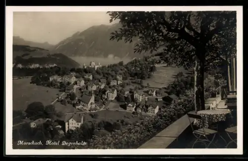 AK Morschach, Hotel Degenbalm, Terrasse mit Gesamtansicht des Ortes