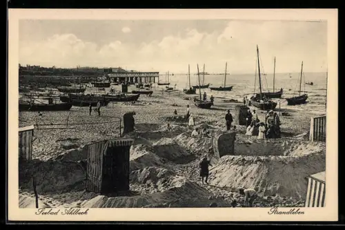 AK Ahlbeck, Strandleben, Strandkörbe, Burgen, Boote