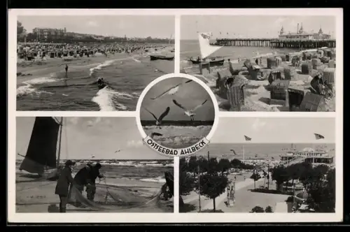 AK Ahlbeck, Strand, Seebrücke, Fischer mit Netz