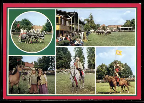 AK Neustadt /Dosse, Neustädter Pferdetage, Römische Quadriga, Germanen, Dragoneroffizier, Kosakenpost