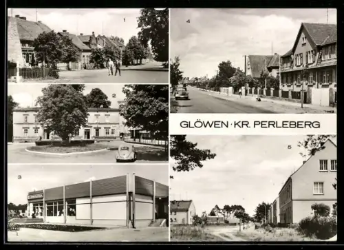 AK Glöwen /Perleberg, Heinrich-Heine-Platz, Bahnhof, Konsum-Einkaufszentrum, Rat der Gemeinde