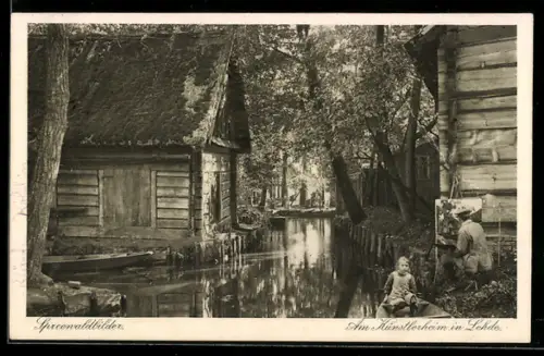 AK Lehde /Spreewald, Am Künstlerheim, Spreewaldhäuser, Fliess
