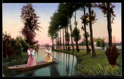 AK Wotschofska /Spreewald, Wasserstrasse nach der Wotschofska, Trachten, Kahnfahrt