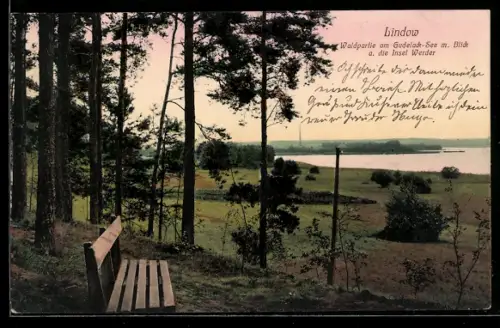 AK Lindow, Waldpartie am Gudelack-See mit Blick auf die Insel Werder