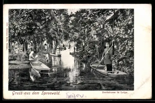 AK Leipe /Spreewald, Dorfstrasse, Kähne, Spreewald