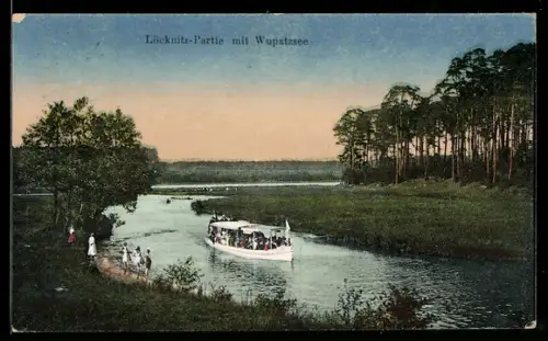 AK Erkner, Löcknitz-Partie mit Wupatzsee, Ausflugsdampfer