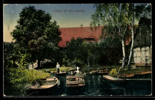 AK Leipe im Spreewald, Kähne auf dem Fliess, Gasthaus zum Erlkönig, Inh. Curt Brannaschk