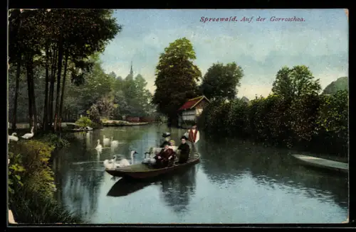 AK Lübbenau /Spreewald, Auf der Gorroschoa, Kahnfahrt, Flusslandschaft, Schwäne