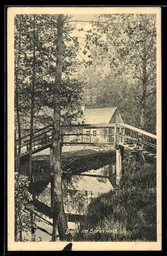 AK Lübbenau, Bank im Spreewald, Brücke über ein Fliess