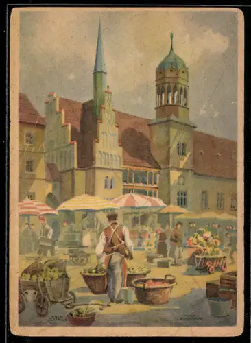 AK Halle /Saale, Rathaus, Marktplatz mit Marktständen