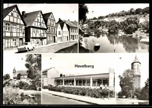 AK Havelberg, Fischerstrasse, Stadtgraben, HO-Kaufhalle im Neubaugebiet, Dom, Wasserturm