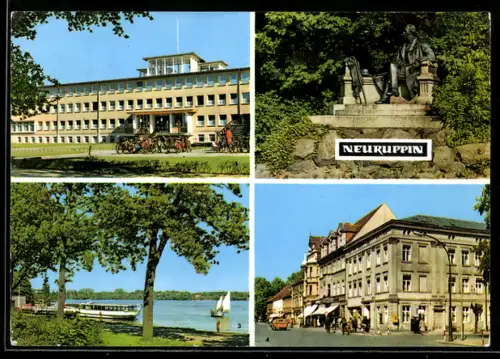 AK Neuruppin, Poliklinik, Fontane-Denkmal, Dampferanlegestelle, Karl-Marx-Strasse