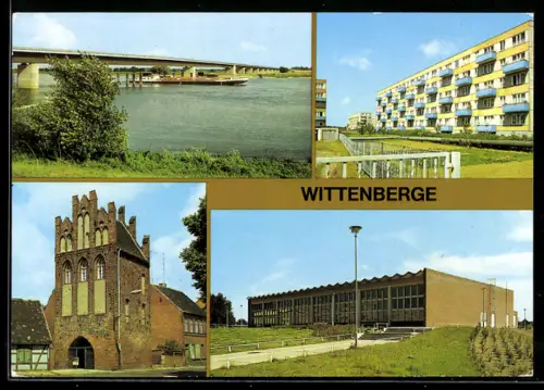 AK Wittenberge /Perleberg, Neue Elbbrücke, Perleberger Strasse mit Wohnblock, Steintor, Schwimmhalle