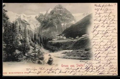 AK Trafoi, Vista alpina con hotel e montagne innevate sullo sfondo