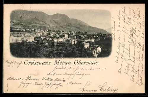 AK Merano /Obermais, Vista panoramica della città con montagne sullo sfondo