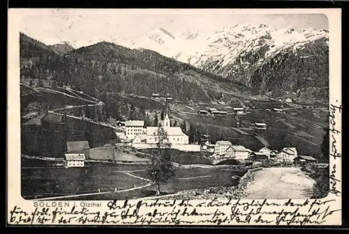 AK Sölden /Oetztal, Vista del villaggio con chiesa e montagne sullo sfondo innevato