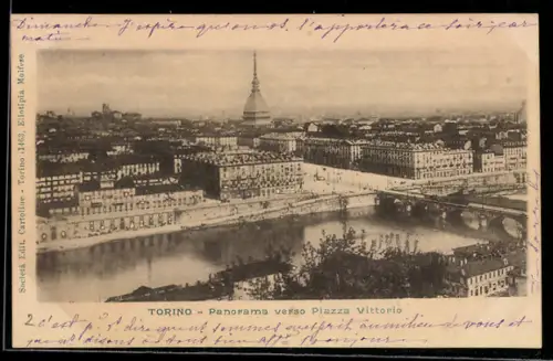 AK Torino, Panorama verso Piazza Vittorio mit Mole Antonelliana und Fluss Po im Vordergrund