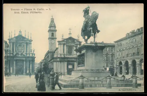 AK Torino, Piazza S. Carlo, Monumento Emanuele Filiberto e chiese gemelle sullo sfondo