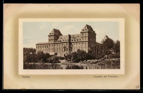 AK Torino, Castello del Valentino con vista sul fiume e giardini circostanti