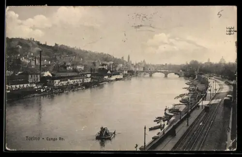 AK Torino, Lungo Po, vista del fiume con barche e ponte sullo sfondo