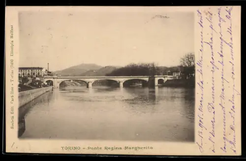 AK Torino, Ponte Regina Margherita sul fiume Po con colline sullo sfondo