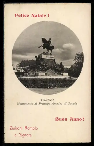 AK Torino, Monumento al Principe Amedeo di Savoia, privater Weihnachts- u. Neujahrsgruss