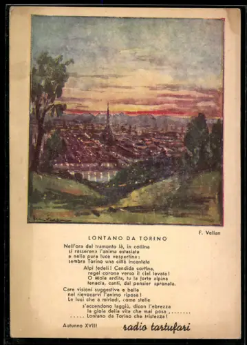Künstler-AK Torino, Vista panoramica al tramonto con la città incantata e il cielo dipinto, Lontano da Torino