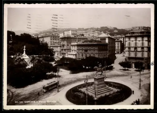 AK Genova, Piazza Corvetto con tram e monumento centrale