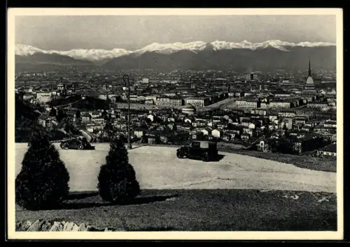 AK Torino, Panorama con vista sulla città e le Alpi innevate sullo sfondo