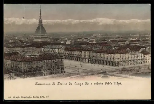 AK Torino, Panorama di Torino da lungo Po e veduta delle Alpi