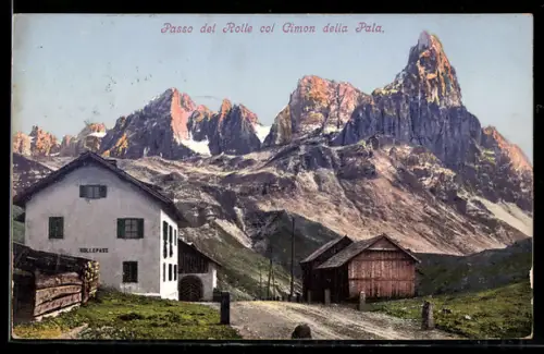 AK Passo del Rolle, Col Cimon della Pala e rifugio alpino in primo piano