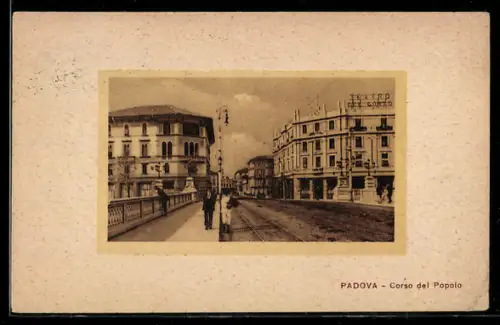 AK Padova, Corso del Popolo con Teatro del Corso e tram in vista