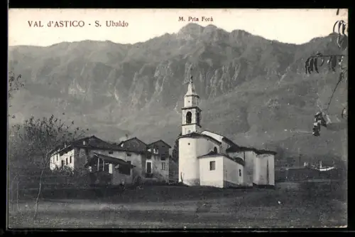 AK Gubbio /Val d`Astico, Sant’Ubaldo, Veduta della chiesa con montagne Pria Forà