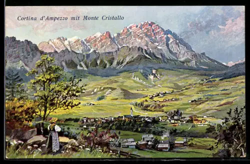 AK Cortina d`Ampezzo, Vista su Monte Cristallo e paesaggio alpino pittoresco con figura tradizionale in primo piano