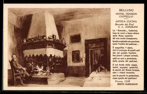 AK Belluno, Hotel Pension Cappello, Antica Cucina con camino acceso e uomo seduto