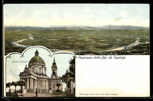 AK Superga, Panorama delle Alpi da Superga con Basilica di Superga