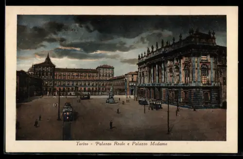 AK Torino, Palazzo Reale e Palazzo Madama con tram serali in piazza