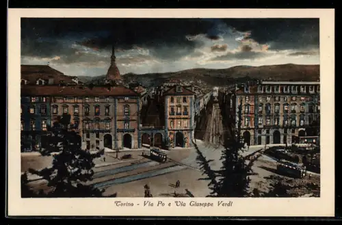 AK Torino, Via Po e Via Giuseppe Verdi con tram al crepuscolo