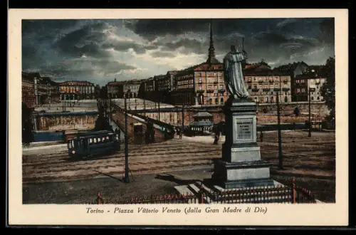 AK Torino, Piazza Vittorio Veneto dalla Gran Madre di Dio, con tram e statua al tramonto