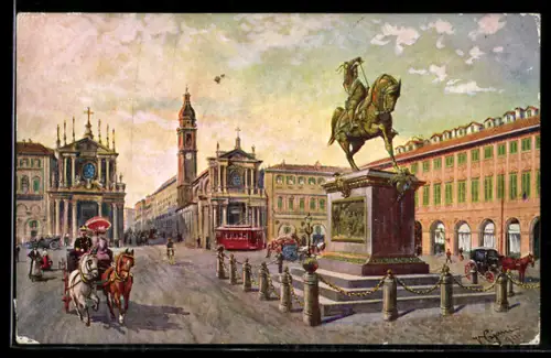 AK Torino, Piazza S. Carlo con statua equestre e carrozze trainate da cavalli