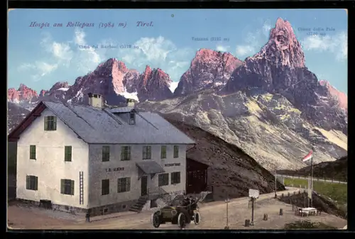 AK Rollepass /Tirol, Hospiz mit Auto und Bergpanorama im Hintergrund