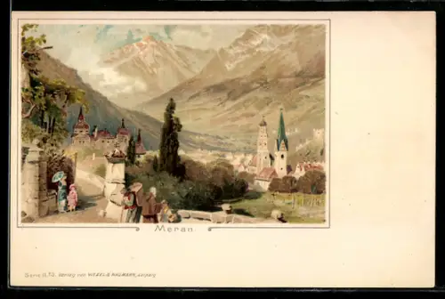 AK Meran, Vista panoramica con montagne e chiesa in lontananza