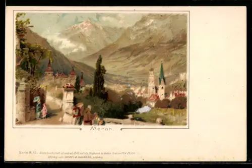 AK Meran, Vista panoramica con montagne e chiesa sullo sfondo