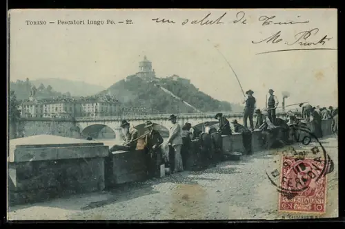 AK Torino, Pescatori lungo Po con vista della collina e del ponte sul fiume